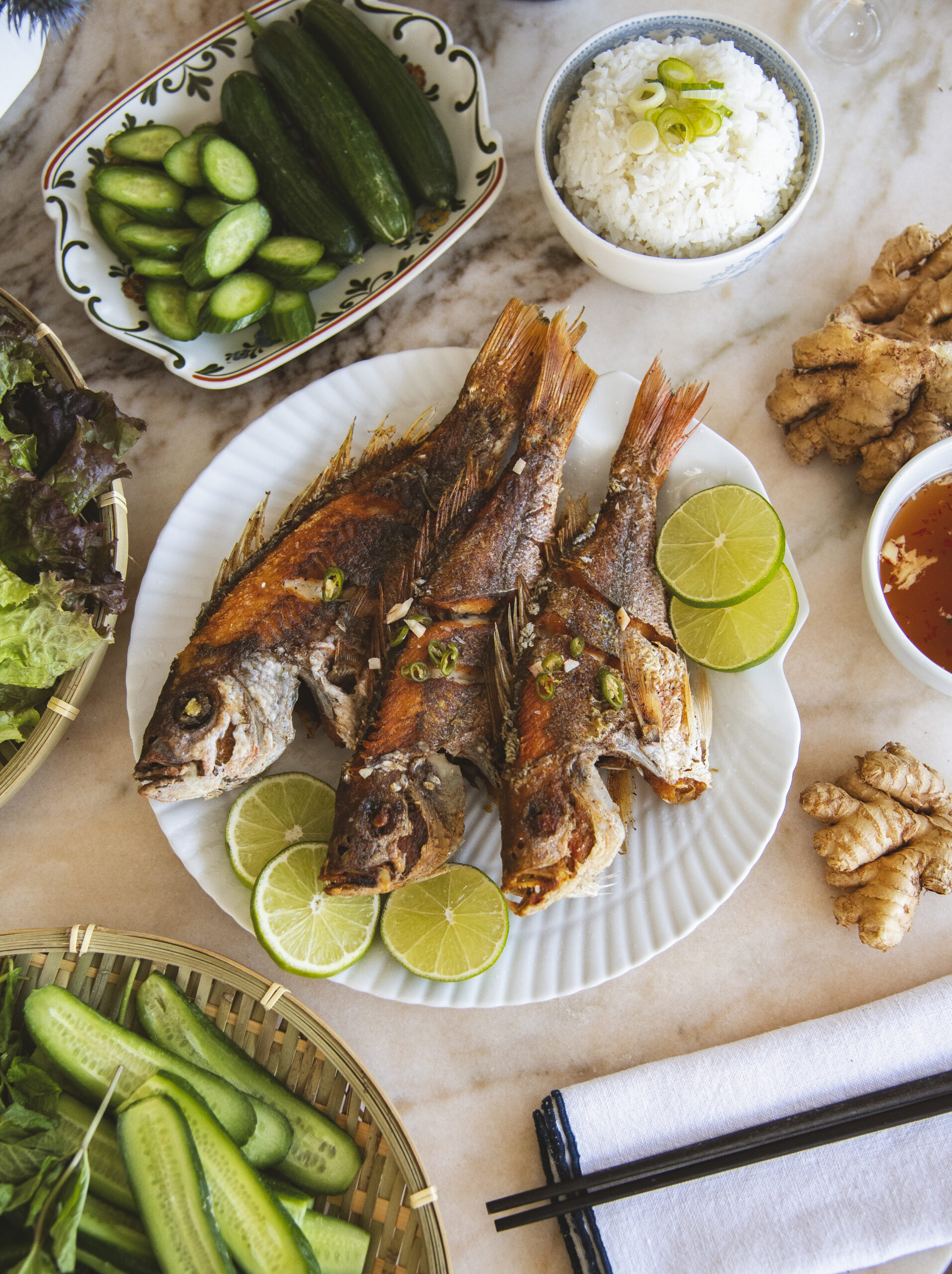 Vietnamese Fried Fish with Ginger Fish Dipping Sauce